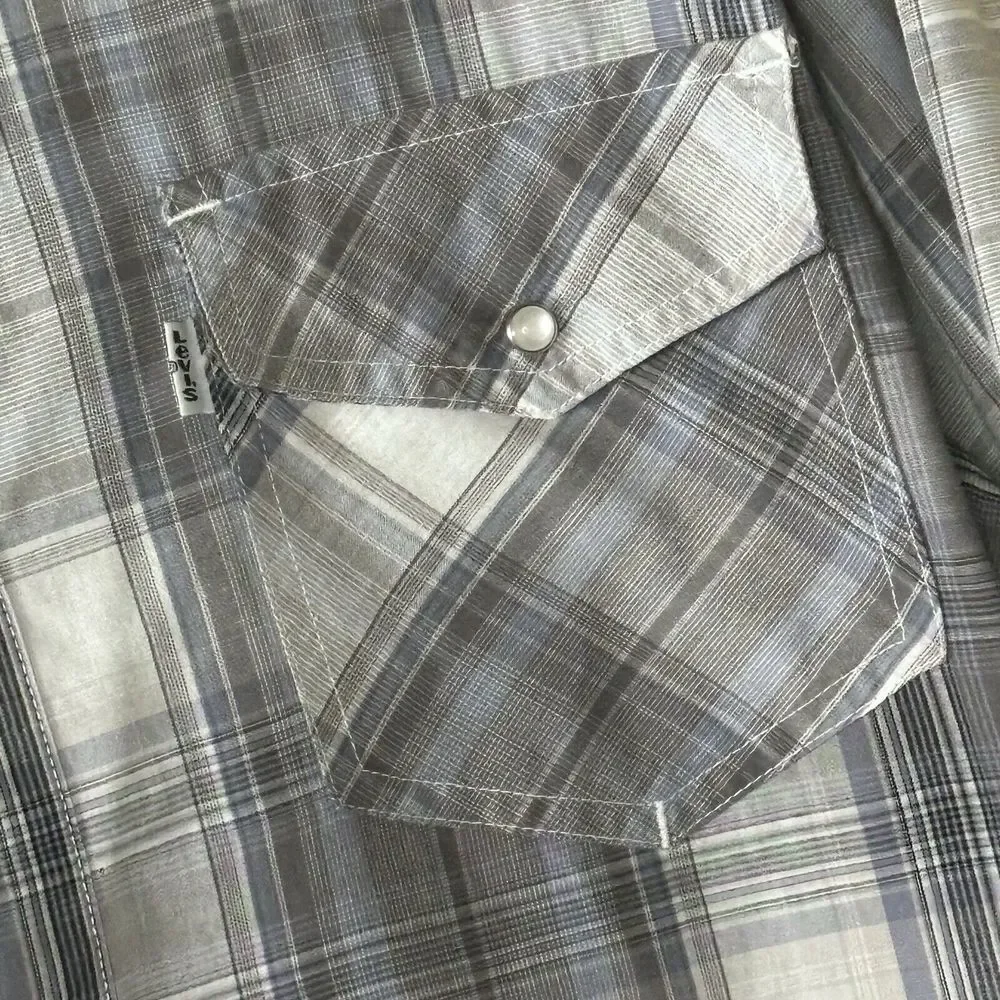 Levi's Shirt Men's Large Western Pearl‎ Snap Plaid Long Sleeve Gray Blue Cowboy